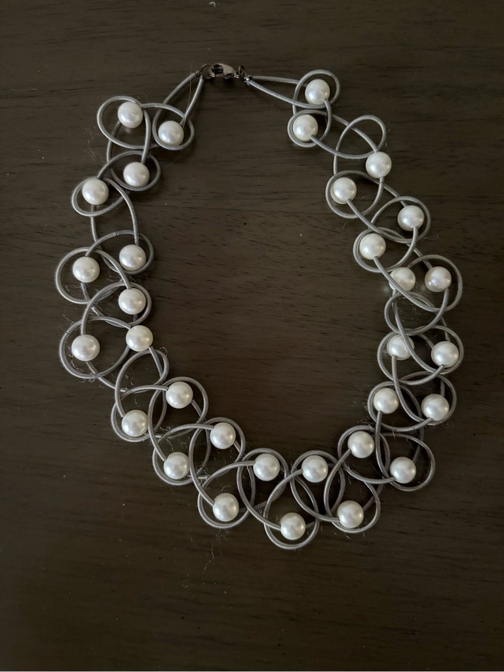 Elegant White Faux Pearl and Silver Loop Necklace